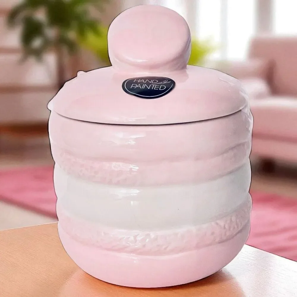 NWT LUNA & SAGE Gorgeous Macaron Pink White Glossy Ceramic 7”Canister Jar w Lid